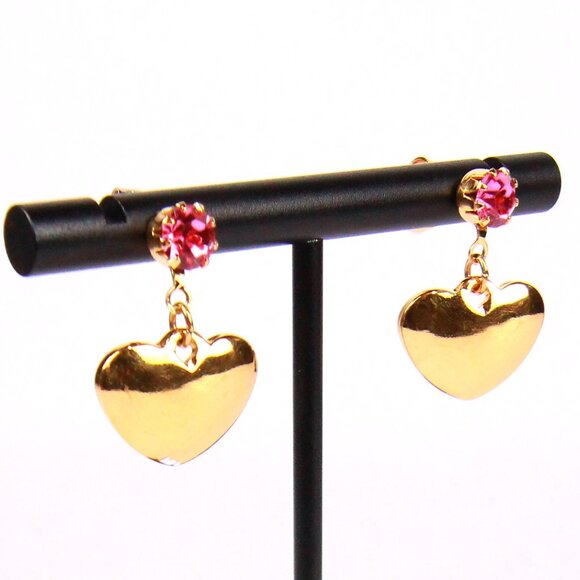 Avon Jewelry - Vintage Avon 1995 Gold Tone and Pink Rhinestone Heart Earrings